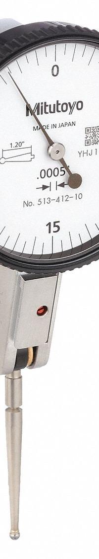 MITUTOYO Horizontal Dial Test Indicator: 0 in to 0.03 in, Horizontal, Inch, +/- 0.0005 in (MPN 513-412-10T). Key specifications — attr1184166: 3/8 in Stem; attr1200917: Horizontal Dial Test Indicator; attr1184127: 513-412-10T; attr1184167: MITUTOYO; attr1184108: +/- 0.0005 in; attr1184144: Inspection Certificate.