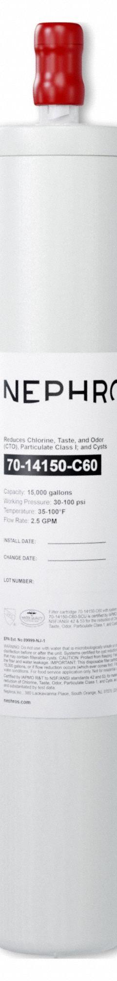 NEPHROS Quick-Connect Water Filter: 1 micron, 2.5 gpm, 17 in Overall Ht, 3 in Overall Dia (MPN 70-14150-C60). Key specifications — Product Type: Quick-Connect Water Filter; Filter Media: Carbon; Brand: NEPHROS; Reduces: Cyst.