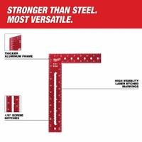 MILWAUKEE TOOL & EQUIPMENT Framing Square: 12 in Base Lg, 12 in x 8 in, 12 in x 8 in, Aluminum, SAE (MPN MLSQ812). Key specifications — attr936133: Etched; attr936134: 1/8 in; attr934763: MILWAUKEE TOOL & EQUIPMENT; attr984589: Inch; attr984960: Aluminum.