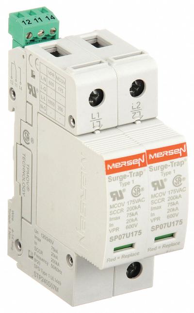 MERSEN Surge Protection Device: Single Phase, 120/240V AC, 2 Poles, 3 Wires, L-L/L-N - DIN Rail Internal-Mount SPDs