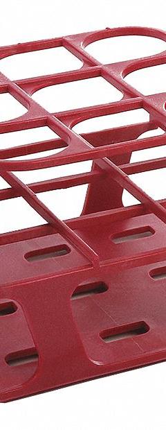 Tube Rack: 3 3/8 in Overall Wd, 4 3/8 in Overall Ht, 4 3/8 in Overall Lg, POM, Magenta, (9) Wells (MPN HS27505D). Key specifications — Material: POM; Mounting Location: Benchtop; Color: Magenta; Product Type: Test Tube Rack; Total Holding Capacity: (9) Wells; Brand: HEATHROW SCIENTIFIC.