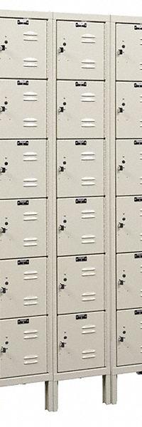 HALLOWELL Box Locker: 36 in x 18 in x 78 in, 6 Tiers, 3 Units Wide, Louvered, Padlock Hasp, Tan, Tan (MPN U3288-6A-PT). Key specifications — Locker Color: Tan; Door Type: Louvered; Includes Number Plates: Yes; Brand: HALLOWELL; Assembled: Assembled; Color Family: Tan.