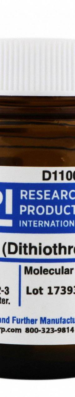 RPI DTT (DL-Dithiothreitol) (Clelands Reagents): 5 g Volume, BSE/TSE Free, Powder, Glass (MPN D11000-5.0). Key specifications — Form: Powder; Special Information: BSE/TSE Free; Brand: RPI; Chemical Grade: Lab; Container Material: Glass.