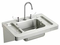 ELKAY Bathroom Sink: Elkay Commercial, Silver, Stainless Steel, Dual Manual Handle, 28 in Overall Lg (MPN ESLV2820W4C). Key specifications — Series: Elkay Commercial; Includes: LK940Gn05T4H Faucet; Color: Silver; Brand: ELKAY; Sink Type: Bathroom; Material: Stainless Steel; Sink Material: Stainless Steel.