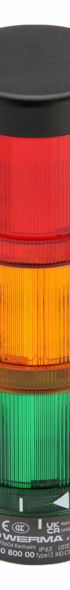 WERMA Tower Light Assembly: 3 Tier, Green/Red/Yellow, No Sounder Tier, 212 mm Overall Ht, 64924002. Key specifications — Manufacturer Part Number: 64924002; Brand: WERMA; Operating Voltage: 24V AC/DC; Light Tier Color: Red.