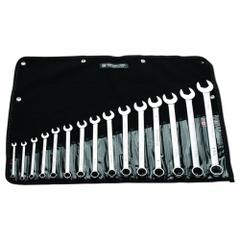 WRIGHT Wrench Set: Steel, Satin, 15 Tools, 15 Range of Head Sizes, 15° Head Offset Angle, Std (MPN 715). Key specifications — attr309520: Satin; attr309519: Steel; attr309509: 15; attr324929: WRIGHT; attr309512: Tool Roll; attr309522: No; attr309533: Yes.