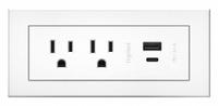 LEGRAND Furniture Power Outlet: 2 Outlets, 10 ft Cord Lg, White, 5-15R, 5.63 in Wd, Type A/Type C (MPN RDZCWH10). Key specifications — Shape: Rectangular; Brand: LEGRAND; USB Connectors Included: Type C; Mounting Style: Recessed.