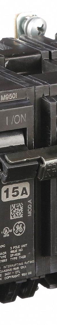 GE Miniature Circuit Breaker: THQB, 15 A, 120/240V AC, Three Phase, 10kA at 120/240V AC, Std (MPN THQB32015). Key specifications — attr195972: 15 A; attr195973: 120/240V AC; attr195974: Three; attr195975: 10kA at 120/240V AC; attr195976: Load Centers.
