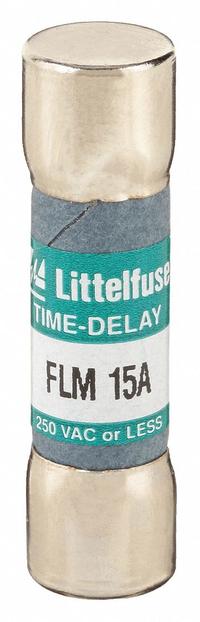 LITTELFUSE Fuse: FLM Series, Midget, Time-Delay, 15 A, 250 V AC, 13/32 in x 1 1/2 in, Non-Indicating (MPN FLM015). Key specifications — Series: FLM; Brand: LITTELFUSE.
