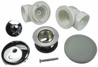 AB&A Waste and Overflow Kit: Plastic, 1 1/2 in Overall Dia, 2 1/2 in Overall Ht, Push and Pull (MPN 60354). Key specifications — Color: Silver; Includes: Half Kit; Connection Type: Solvent Weld; Material: Plastic; Grate Material: Stainless Steel.