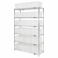 QUANTUM STORAGE SYSTEMS Shelving Unit: 48 in x 18 in x 74 in, 1 Sided, 24 Bins, Stack and Nest Bin (MPN WR6-24185CL). Key specifications — Includes Bins: Yes; Frame Color: Chrome; Bin HxWxD: 9 x 11 x 18 in; Frame Material: Carbon Steel; Bin Color: Clear; Bin Style: Stack and Nest; Brand: QUANTUM STORAGE SYSTEMS.