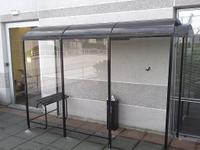Smoking Shelter: Unassembled, 3 Sides, 84 in x 42 in x 95 in, Aluminum, Black, Includes Seating (MPN NBS0408BW). Key specifications — Brand: NO BUTTS BIN CO.; Frame Material: Aluminum; Finish: Powder-Coated.