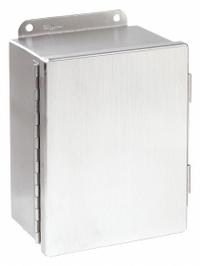 HOFFMAN Enclosure: 304 Stainless Steel, 12 in x 10 in x 6 in, NEMA 12/3R/4/4X, Solid Cover, Hinged (MPN A12106CHNFSS). Key specifications — Brand: HOFFMAN; Closure Method: Clamps; Enclosure Material: 304 Stainless Steel; Knockouts: Not Included.