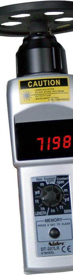 NIDEC-SHIMPO Tachometer: +/-0.006% RPM Accuracy, 1 RPM, 25,000 RPM Max Contact RPM, Included, NIST (MPN DT-207LR-S12). Key specifications — Includes: Master Wheel (6 in cir.); Brand: NIDEC-SHIMPO; Digital Display Screen Type: LED; RPM Accuracy: +/-0.006%; RPM Resolution: 1 RPM; Calibration Certificate: Included.