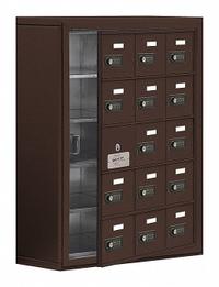SALSBURY INDUSTRIES Cell Phone Locker: 24 in x 9 1/4 in x 31 in, 5 Tiers, 3 Units Wide, 14 Lockers (MPN 19158-15ZSC). Key specifications — Mounting Style: Surface; Brand: SALSBURY INDUSTRIES; Handle Type: None; Locker Color: Bronze; Locker Material: Aluminum; Frame Assembled: Assembled; Lock Type: Combination.