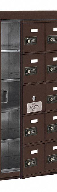 SALSBURY INDUSTRIES Cell Phone Locker: 24 in x 9 1/4 in x 31 in, 5 Tiers, 3 Units Wide, 14 Lockers (MPN 19158-15ZSC). Key specifications — Mounting Style: Surface; Brand: SALSBURY INDUSTRIES; Handle Type: None; Locker Color: Bronze; Locker Material: Aluminum; Frame Assembled: Assembled; Lock Type: Combination.
