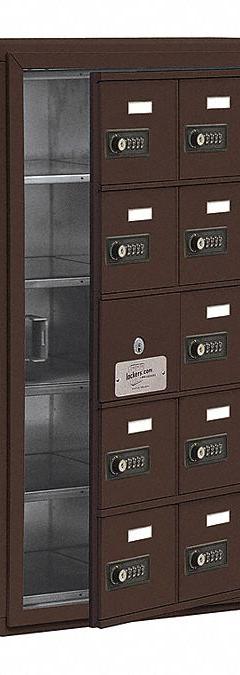 SALSBURY INDUSTRIES Cell Phone Locker: 24 in x 9 1/4 in x 31 in, 5 Tiers, 3 Units Wide, 14 Lockers (MPN 19158-15ZSC). Key specifications — Mounting Style: Surface; Brand: SALSBURY INDUSTRIES; Handle Type: None; Locker Color: Bronze; Locker Material: Aluminum; Frame Assembled: Assembled; Lock Type: Combination.