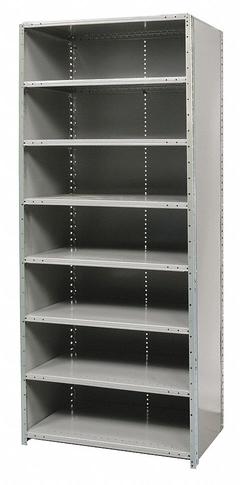 HALLOWELL Metal Shelving: Standalone, Heavy-Duty, 48 in x 12 in, 84 in Overall Ht, 8 Shelves (MPN F7723-12HG). Key specifications — Assembled: Unassembled; Shelving Material: Steel; Frame Material: Steel; Color: Gray; Brand: HALLOWELL.