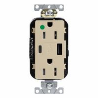 USB Receptacle: Decorator Duplex, 5-15R, USB Type A/C, Ivory, 125V AC, 15 A (MPN M56AC-HGI). Key specifications — Brand: LEVITON.