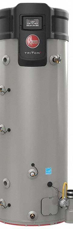 TRITON Commercial Gas Water Heater: Natural Gas, Low NOx, 50 gal, 76,000 BTU, 64.25 in Ht (MPN GHE50SS-76 / 700593). Key specifications — Display Sell UOM: EA; Market: Commercial; Standards: US CSA (Star); Brand: TRITON; Low NOx: Yes; Water Connection Location: Side; Fuel Type: Natural Gas; Included Valves: Shutoff.