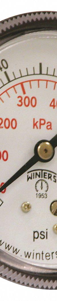 WINTERS Panel-Mount Pressure Gauge: U-Clamp, 0 psi to 100 psi, 2 1/2 in Dial, 1/4 in NPT Male, IP52 (MPN P9U901439UC). Key specifications — Accuracy: ±2-1-2%; Brand: WINTERS; Vibration Resistance Properties: Dry Case Vibration-Dampened; Gauge Wetted Parts: Brass / Bronze.