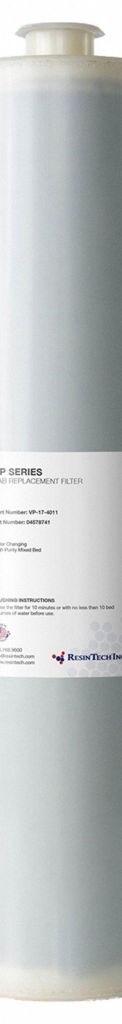 RESINTECH Carbon Cartridge: Chlorine/Organic Contamination, 3.8 lpm Flow Rate, AGC50CA, Plastic, 1 (MPN VP-17-1050). Key specifications — Media Within: AGC50CA; Material: Plastic; Product Type: Carbon Cartridge; Manufacturer Part Number: VP-17-1050.