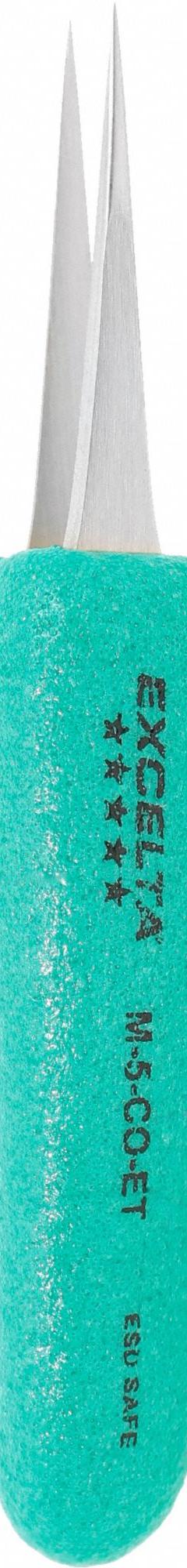 EXCELTA Tweezers: Cobalt, Point, Straight Tip, 0.0004 in Tip Thick (MPN M-5-CO-ET). Key specifications — attr1002355: Cobalt; attr1002345: EXCELTA; attr1002348: Cobalt; attr1002358: Smooth; attr1002361: M-5; attr1024781: Ergonomic.