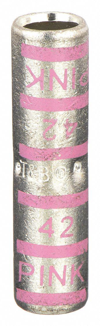 THOMAS & BETTS Open Barrel Splice: 1/0 AWG Wire Size, Pink Code, 2 in, Copper Barrel - Crimped Butt Splice Compression Connectors