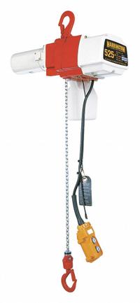 HARRINGTON Electric Chain Hoist: H3 - Std Duty, 120V AC, Hook Mounted - No Trolley, 2 Speeds (MPN ED525DS-10). Key specifications — Brand: HARRINGTON; Includes: Safety Latch Hook; Operating Voltage: 120V AC; Headroom Clearance: 28 in - 30 in.