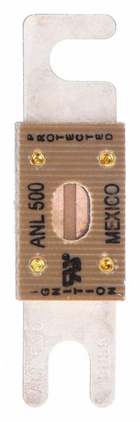 BUSSMANN Forklift Limiter Fuse: ANL Series, Bolt-On, Fast-Acting, 500 A, 80 V DC, Indicating, AC/DC (MPN ANL-500). Key specifications — Brand: BUSSMANN; Series: ANL; Equivalent Fuse Series: ANL & CNL.