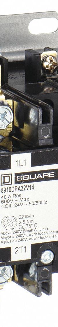 SQUARE D Definite Purpose Magnetic Contactor: 2 Poles, 208-240V AC, 30 A, Non-Reversing (MPN 8910DPA32V09). Key specifications — Brand: SQUARE D; Coil Voltage: 220/208-240V AC; Contactor Style: HVACR Definite Purpose Contactor; Terminal Connection Type: Screw Clamp Terminals; Maximum Voltage Rating: 600V AC; Series: 8910 Series Type DPA; Phase: Single; Main Pole Contact Form: 2NO.