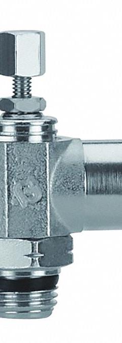 AIGNEP USA Universal Flow Control: Elbow Fitting, Knob, 3/8 in Valve Body Size, 3/8 in Tube (MPN 88957-06-06). Key specifications — attr947203: Stainless Steel; attr947205: AIGNEP USA.