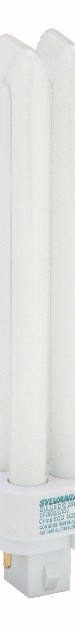 LEDVANCE/ SYLVANIA Compact Fluorescent Bulb: 4-Pin (G24q-3), T4, Fluorescent, 3000K, 26 W Watt (MPN CF26DD/E/830/ECO). Key specifications — Brand: LEDVANCE/ SYLVANIA; Bulb Designation: CF26DD/E/830/ECO; Dimmable: Yes; Color Temperature: 3000K.