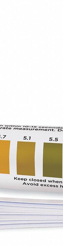 HYDRION Test Strips: 4.7 pH to 6.3 pH, 0.3 pH Resolution, 2 3/4 in Overall Lg, 1/4 in Overall Wd (MPN BR-64). Key specifications — pH Resolution: 0.3 pH; Brand: HYDRION.