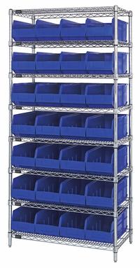 QUANTUM STORAGE SYSTEMS Bin Shelving: 36 in x 18 in x 74 in, 1 Sided, 28 Bins, Open, Shelf Bin, Blue (MPN WR8-463BL). Key specifications — Includes Bins: Yes; Bin Material: Polypropylene; Frame Color: Silver; Bin HxWxD: (28) 7 in x 8-1/4 in x 18 in; Frame Material: Steel; Bin Color: Blue; Bin Style: Shelf; Brand: QUANTUM STORAGE SYSTEMS.