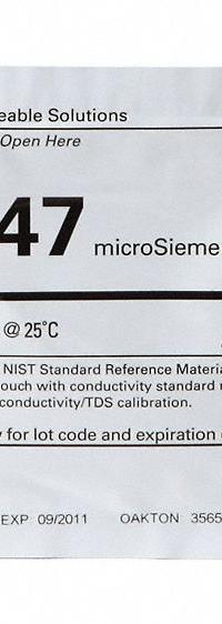 OAKTON Conductivity Calibration Solution: ACS, 20 mL Volume, Liquid, 447 microsiemens, Foil, 20 (MPN 35653-10). Key specifications — Brand: OAKTON; CAS Number: 7732-18-5; Chemical Family Type: Solution; Chemical Grade: ACS; Concentration: 447 microsiemens; Container Material: Foil; Container Type: Pouch; Form: Liquid.