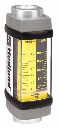 HEDLAND Mechanical Flowmeter: Petroleum Fluid Meter, Scale, Variable Area, Inline, Universal, SAE (MPN H760A-050). Key specifications — Display Type: Scale; O-Ring Material: Viton; Includes Flow Rate Adjustment Knob: No; Includes Pressure Guage: No; Mounting Orientation: Universal; Unit Of Measure: Liters; Brand: HEDLAND; Accuracy: +/-2%.