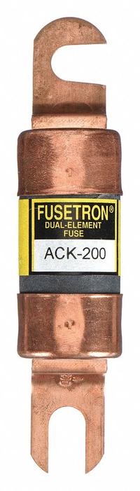 BUSSMANN Forklift Limiter Fuse: ACK Series, Bolt-On, Gen Purpose, 200 A, 72 V DC, Non-Indicating (MPN ACK-200). Key specifications — Brand: BUSSMANN; Series: ACK.