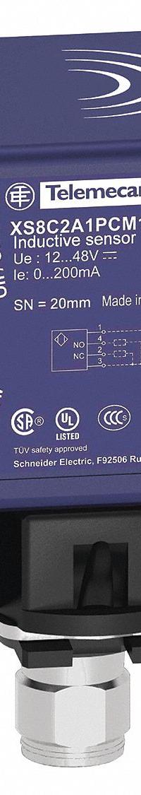 TELEMECANIQUE SENSORS Inductive Rectangular Proximity Sensor: Built-in Connector, Unshielded, NO (MPN XS8C2A4MAU20). Key specifications — Brand: TELEMECANIQUE SENSORS; AC Supply Voltage Rating: 24-240V AC; DC Supply Voltage Rating: 24-240V DC.