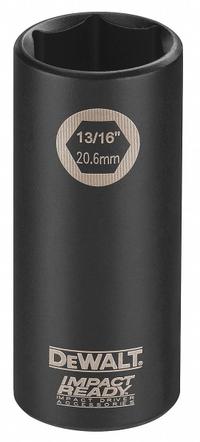 DEWALT Impact Socket: 1/2 in Drive Size, SAE, 13/16 in Socket Size, 6-Point, Deep, 3 in Overall Lg (MPN DW22912). Key specifications — attr1215501: DEWALT; attr1215515: Black Phosphate; attr1215518: 13/16 in.