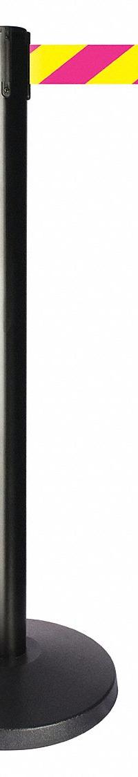 QUEUEWAY Barrier Post with Belt: Magenta/Yellow, Chevron, No Legend, 10 ft Belt Lg, Black (MPN QPLUS-33-D5). Key specifications — Base Material: ABS; Belt Color: Magenta/Yellow; Brand: QUEUEWAY; Post Material: Metal Alloy; Post Color: Black; Message: No Legend.