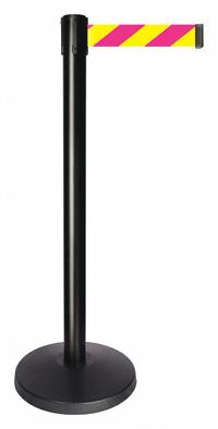 QUEUEWAY Barrier Post with Belt: Magenta/Yellow, Chevron, No Legend, 10 ft Belt Lg, Black (MPN QPLUS-33-D5). Key specifications — Base Material: ABS; Belt Color: Magenta/Yellow; Brand: QUEUEWAY; Post Material: Metal Alloy; Post Color: Black; Message: No Legend.
