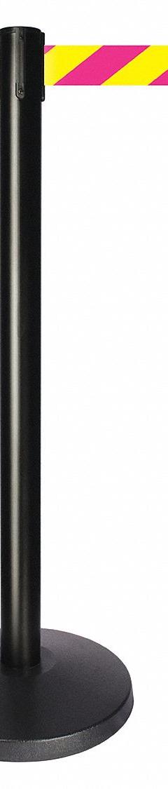 QUEUEWAY Barrier Post with Belt: Magenta/Yellow, Chevron, No Legend, 10 ft Belt Lg, Black (MPN QPLUS-33-D5). Key specifications — Base Material: ABS; Belt Color: Magenta/Yellow; Brand: QUEUEWAY; Post Material: Metal Alloy; Post Color: Black; Message: No Legend.