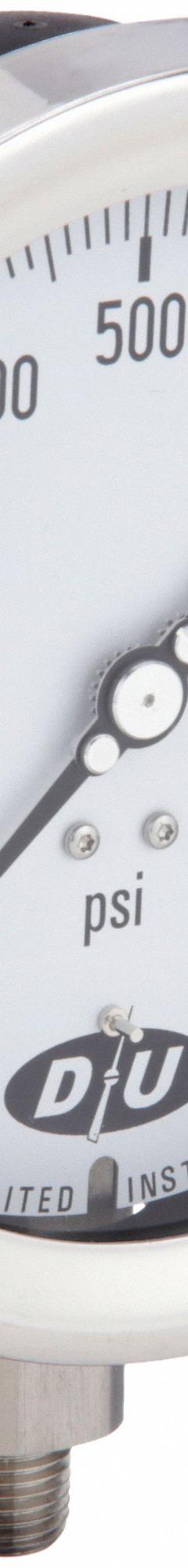 DURO Industrial Pressure Gauge: 0 psi to 1,000 psi, White, 4 1/2 in Dial, 1/4 in NPT Male, Bottom, 4 (MPN 4.2071313E7). Key specifications — Brand: DURO; Pointer Color: Black; Accuracy: ±0.5%; Dial Color: White; Gauge Wetted Parts: Stainless Steel; Case Material: Stainless Steel; Vibration Resistance Properties: None; Pressure Range: 0 psi to 1,000 psi.