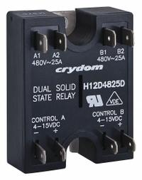 CRYDOM Dual Solid State Relay: Surface Mounted, 25 A Max Output Current, SCR, AC Output (MPN H12D4825D). Key specifications — Brand: CRYDOM; Current Type: DC; Electrical Connection: Screw Clamp; Finger Safe: No; Input Current: 12 mA; Maximum Output Current without Heat Sink: Not Recommended; Mounting Style: Panel; Output Voltage: 48 to 530V AC.