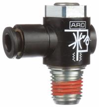 ARO Cylinder Port Flow Control Valve: Elbow Fitting, Screwdriver Slot/Thumb Screw, 5/32 in Tube (MPN 119309-103). Key specifications — attr947203: Stainless Steel; attr947205: ARO.