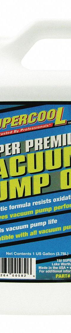 SUPERCOOL Vacuum Pump Oil: 1 gal, Can, 118 Viscosity Index, 220°C Flash Point (MPN V128). Key specifications — attr71764: No; attr59266: Can; attr59279: 118.