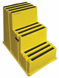 APPROVED VENDOR Step Stool: 3 Steps, 2.4 ft Overall Ht, 500 lb Load Cap, Plastic, 2.4 ft Standing Ht (MPN 44ZJ63). Key specifications — Brand: APPROVED VENDOR; Color: Yellow; Includes: Replacement Foot Pads.