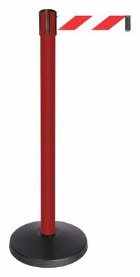 QUEUEWAY Barrier Post with Belt: Red, Chevron, No Legend, 10 ft Belt Lg, Red, 10 ft x 2 in (MPN QPLUS-21-D3). Key specifications — Base Material: ABS; Belt Color: Red; Brand: QUEUEWAY; Post Material: Metal Alloy; Post Color: Red; Message: No Legend.