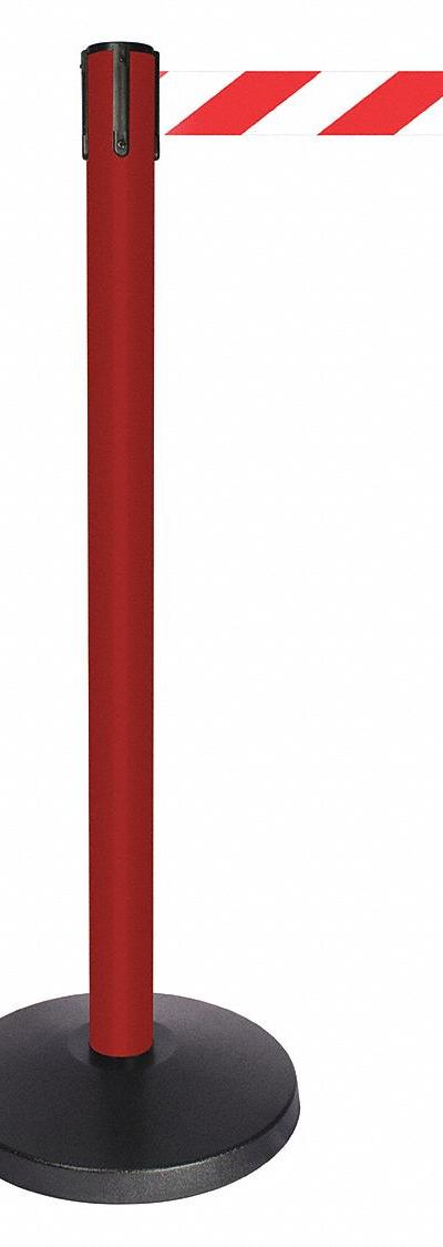 QUEUEWAY Barrier Post with Belt: Red, Chevron, No Legend, 10 ft Belt Lg, Red - Pattern Retractable Belt Post Barriers